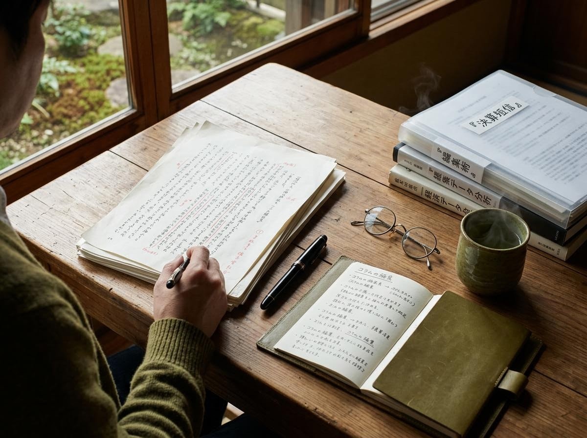 和風の編集デスクの俯瞰、木の机に原稿と眼鏡、万年筆が置かれた静かな編集現場