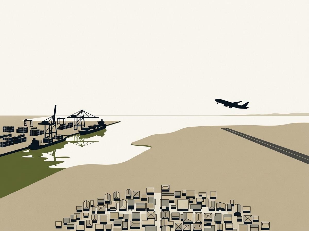 生活輸送セクターを象徴する港湾と航空インフラの静かな俯瞰