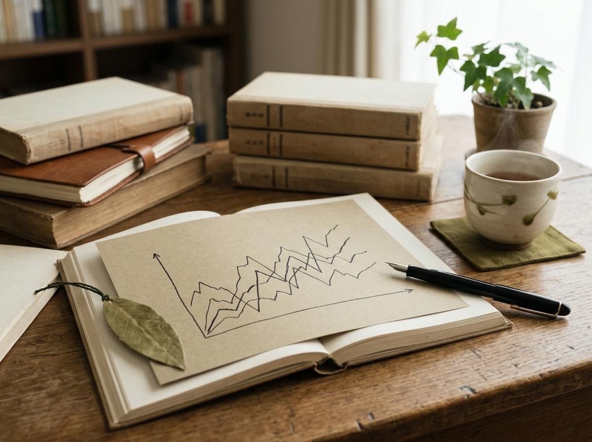 配当と業績を示す書籍とノート、穏やかな編集机上の光景