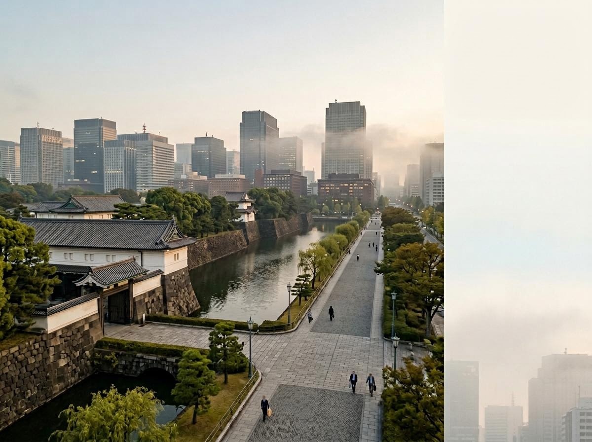 東京皇居周辺の早朝ビジネス街、米白く暖かい光に包まれた街路と低層ビルの風景