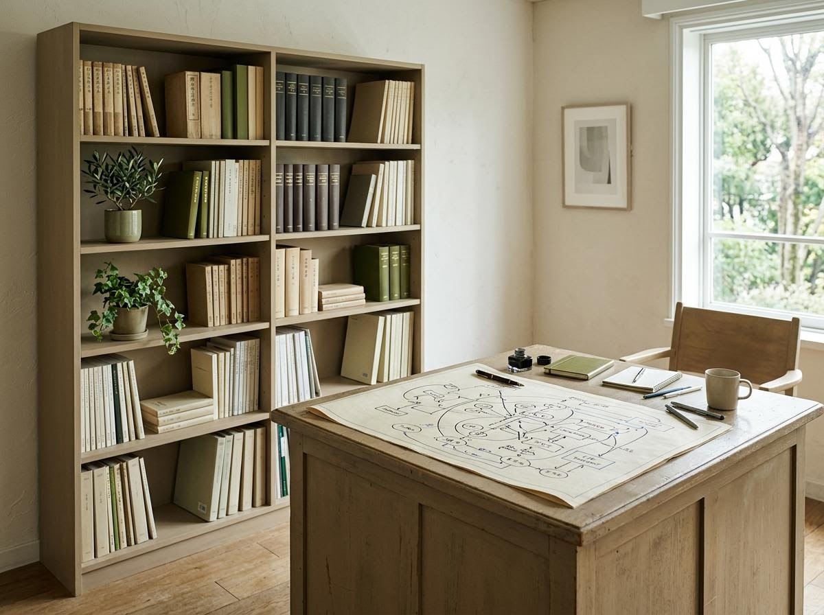 低飽和の米白色で整えられた静かな編集室、棚に並ぶ資料と柔らかな窓明かり